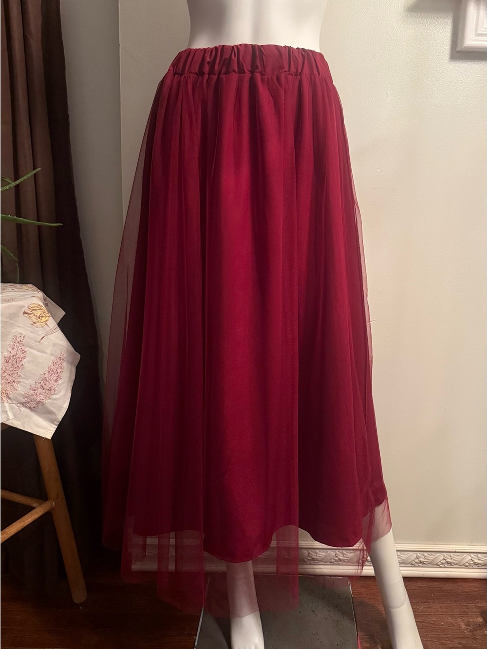 Women's Burgundy Maxi Tulle Skirt with Elastic Waistband